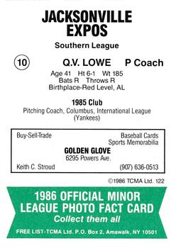 1986 TCMA Jacksonville Expos #10 Q.V. Lowe Back