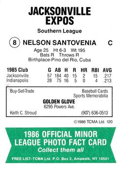 1986 TCMA Jacksonville Expos #8 Nelson Santovenia Back