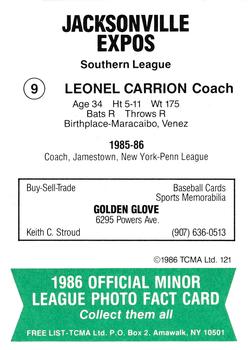 1986 TCMA Jacksonville Expos #9 Leonel Carrion Back