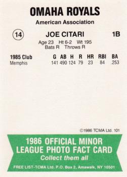 1986 TCMA Omaha Royals #14 Joe Citari Back