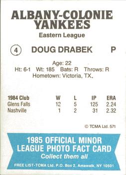 1985 TCMA Albany-Colonie Yankees #4 Doug Drabek Back