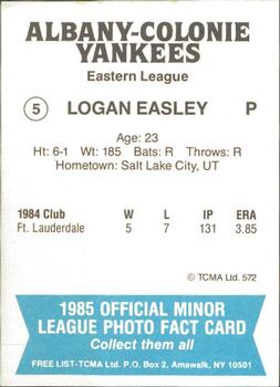 1985 TCMA Albany-Colonie Yankees #5 Logan Easley Back
