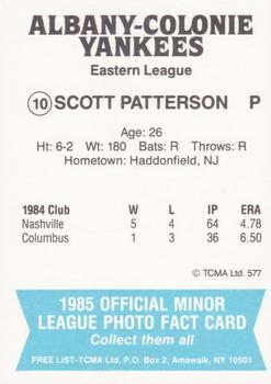 1985 TCMA Albany-Colonie Yankees #10 Scott Patterson Back