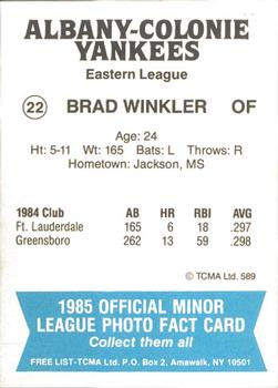 1985 TCMA Albany-Colonie Yankees #22 Brad Winkler Back
