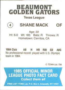 1985 TCMA Beaumont Golden Gators #4 Shane Mack Back