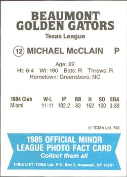 1985 TCMA Beaumont Golden Gators #12 Michael McClain Back