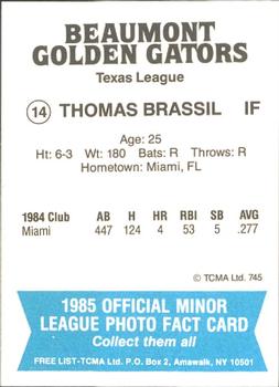 1985 TCMA Beaumont Golden Gators #14 Thomas Brassil Back