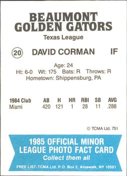 1985 TCMA Beaumont Golden Gators #20 Dave Corman Back