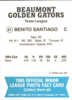 1985 TCMA Beaumont Golden Gators #21 Benito Santiago Back