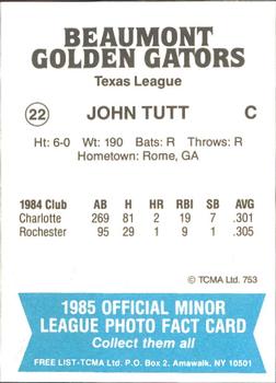 1985 TCMA Beaumont Golden Gators #22 John Tutt Back