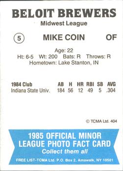 1985 TCMA Beloit Brewers #5 Mike Coin Back