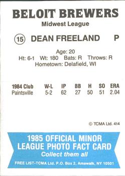 1985 TCMA Beloit Brewers #15 Dean Freeland Back