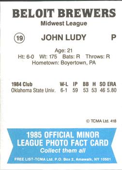 1985 TCMA Beloit Brewers #19 John Ludy Back
