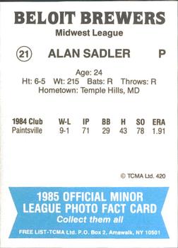 1985 TCMA Beloit Brewers #21 Alan Sadler Back