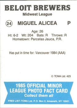 1985 TCMA Beloit Brewers #24 Miguel Alicea Back