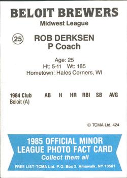 1985 TCMA Beloit Brewers #25 Rob Derksen Back