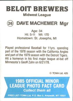 1985 TCMA Beloit Brewers #26 Dave Machemer Back