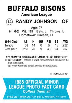 1985 TCMA Buffalo Bisons #14 Randy Johnson Back