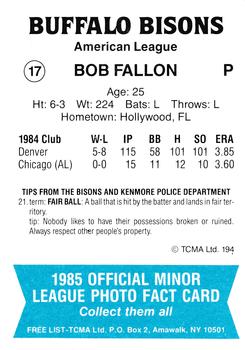 1985 TCMA Buffalo Bisons #17 Bob Fallon Back
