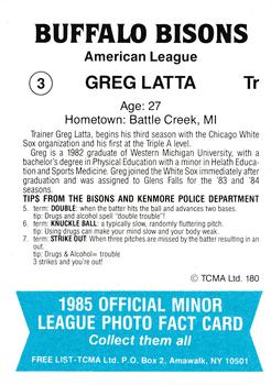 1985 TCMA Buffalo Bisons #3 Greg Latta Back