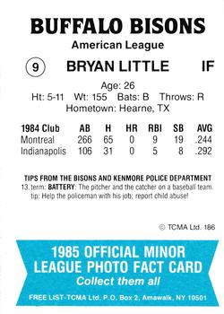 1985 TCMA Buffalo Bisons #9 Bryan Little Back