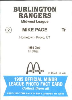 1985 TCMA Burlington Rangers #2 Mike Page Back