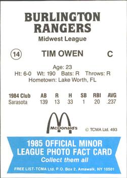 1985 TCMA Burlington Rangers #14 Tim Owen Back