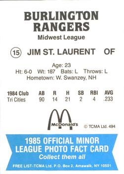 1985 TCMA Burlington Rangers #15 Jim St. Laurent Back