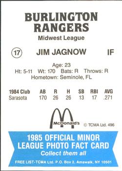 1985 TCMA Burlington Rangers #17 Jim Jagnow Back