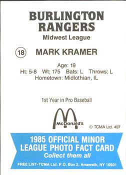 1985 TCMA Burlington Rangers #18 Mark Kramer Back