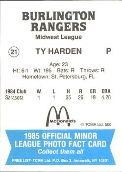 1985 TCMA Burlington Rangers #21 Ty Harden Back