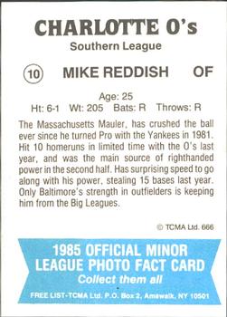 1985 TCMA Charlotte O's #10 Mike Reddish Back