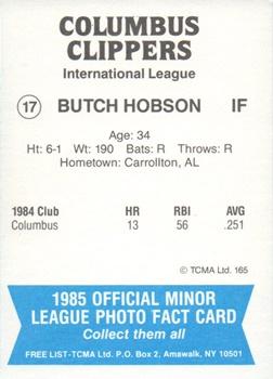 1985 TCMA Columbus Clippers #17 Butch Hobson Back