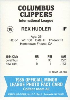 1985 TCMA Columbus Clippers #18 Rex Hudler Back