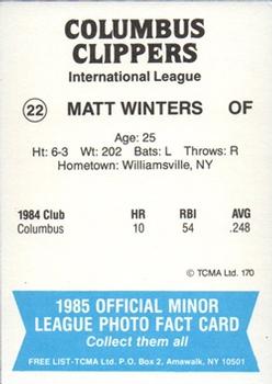 1985 TCMA Columbus Clippers #22 Matt Winters Back