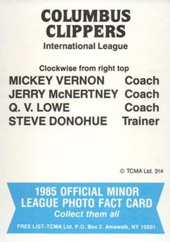 1985 TCMA Columbus Clippers #30 Mickey Vernon / Jerry McNertney / Q.V. Lowe / Steve Donohue Back
