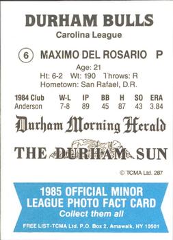 1985 TCMA Durham Bulls #6 Maximo Del Rosario Back