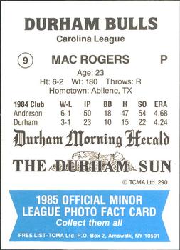 1985 TCMA Durham Bulls #9 Mac Rogers Back
