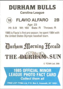 1985 TCMA Durham Bulls #18 Flavio Alfaro Back