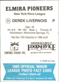 1985 TCMA Elmira Pioneers #11 Derek Livernois Back