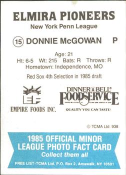 1985 TCMA Elmira Pioneers #15 Donnie McGowan Back