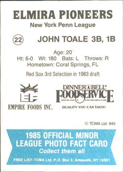 1985 TCMA Elmira Pioneers #22 John Toale Back