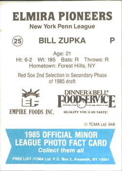 1985 TCMA Elmira Pioneers #25 Bill Zupka Back