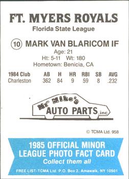 1985 TCMA Ft. Myers Royals #10 Mark Van Blaricom Back