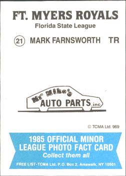 1985 TCMA Ft. Myers Royals #21 Mark Farnsworth Back