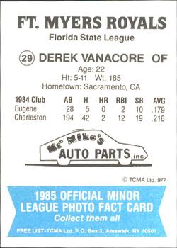 1985 TCMA Ft. Myers Royals #29 Derek Vanacore Back