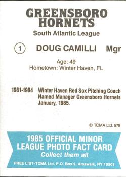 1985 TCMA Greensboro Hornets #1 Doug Camilli Back