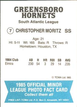 1985 TCMA Greensboro Hornets #7 Christopher Moritz Back