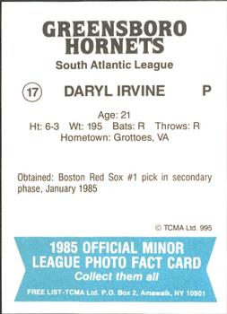 1985 TCMA Greensboro Hornets #17 Daryl Irvine Back