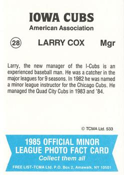 1985 TCMA Iowa Cubs #28 Larry Cox Back